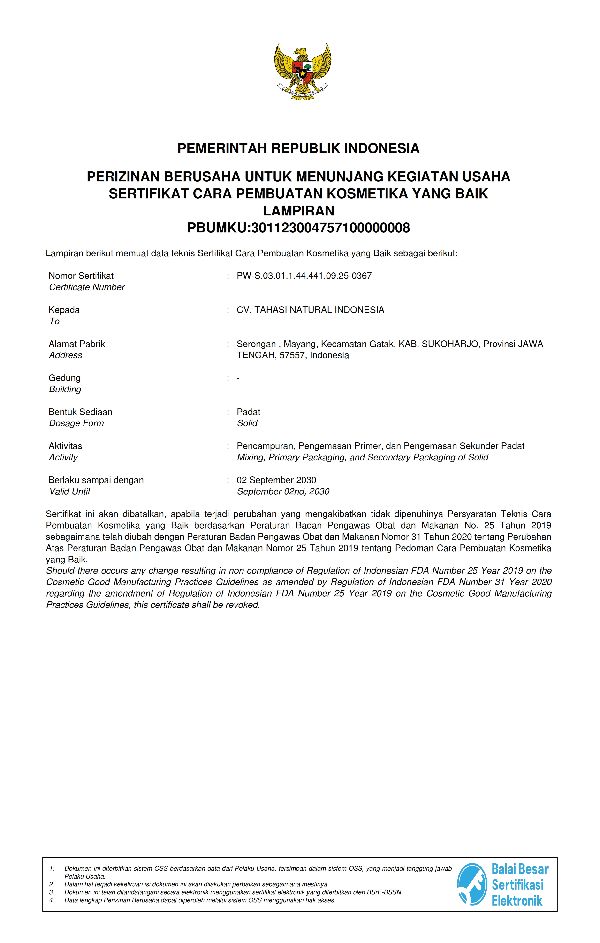 Sertifikat CPKB — Kosmetik Padat diterbitkan oleh BPOM RI — bukti legalitas produksi kosmetik Tahasi Natural Indonesia