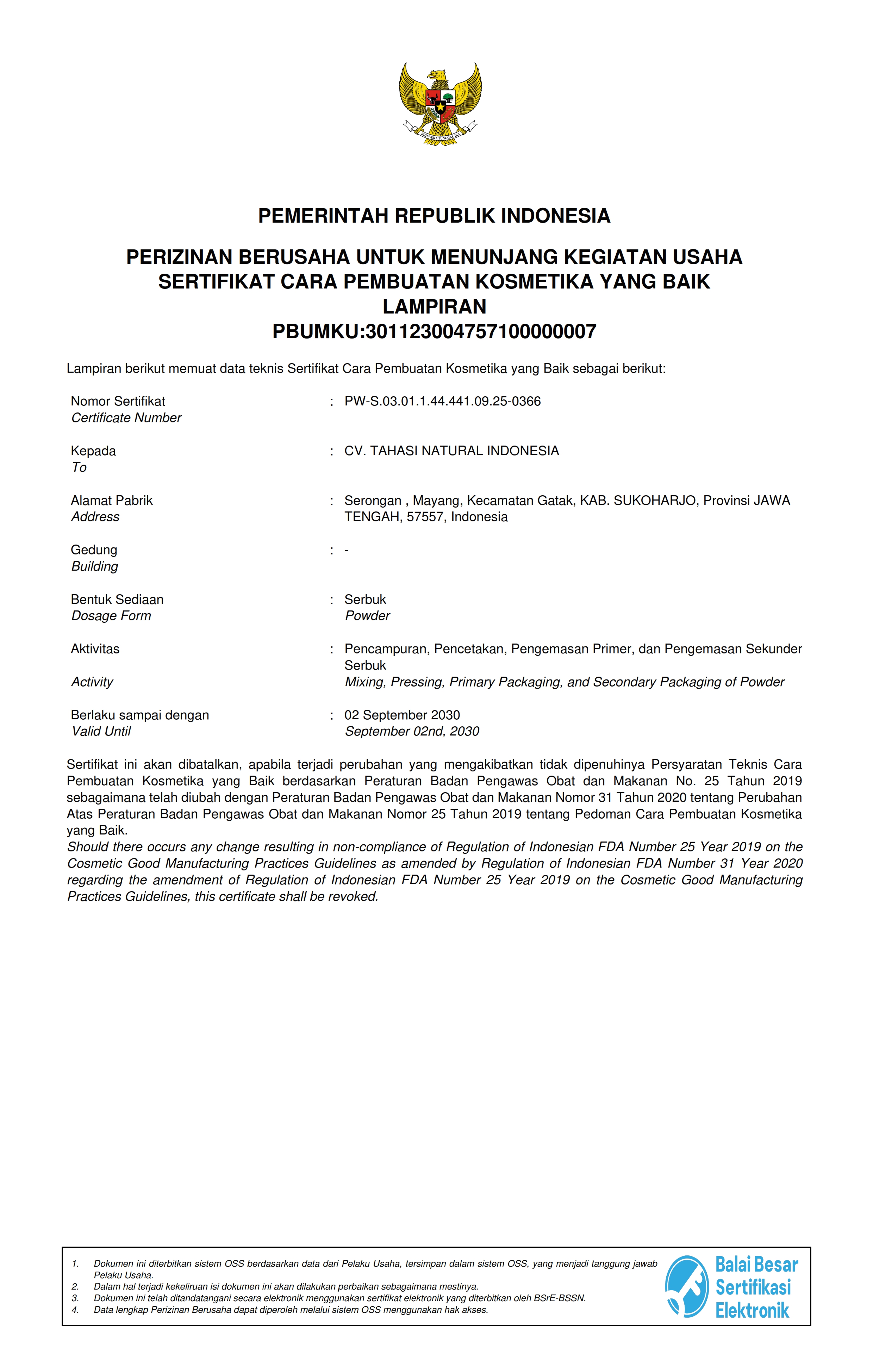 Sertifikat CPKB — Kosmetik Serbuk diterbitkan oleh BPOM RI — bukti legalitas produksi kosmetik Tahasi Natural Indonesia