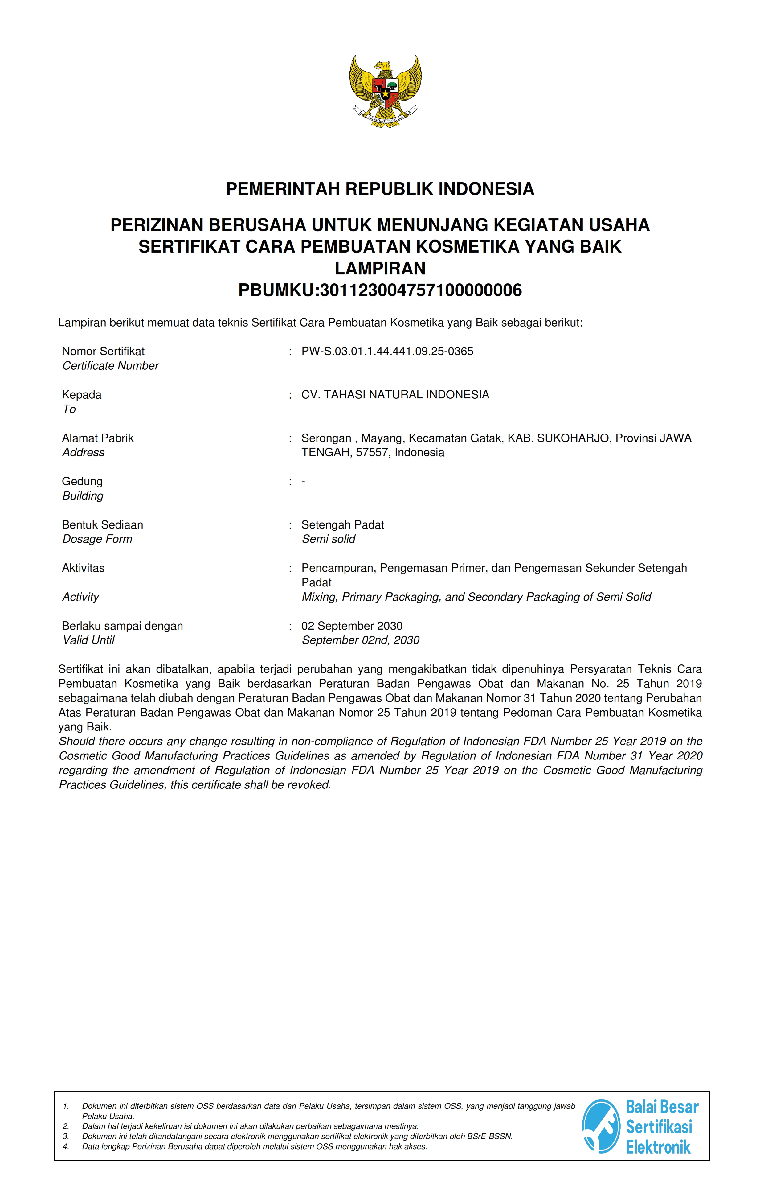 Sertifikat CPKB — Kosmetik Setengah Padat diterbitkan oleh BPOM RI — bukti legalitas produksi kosmetik Tahasi Natural Indonesia